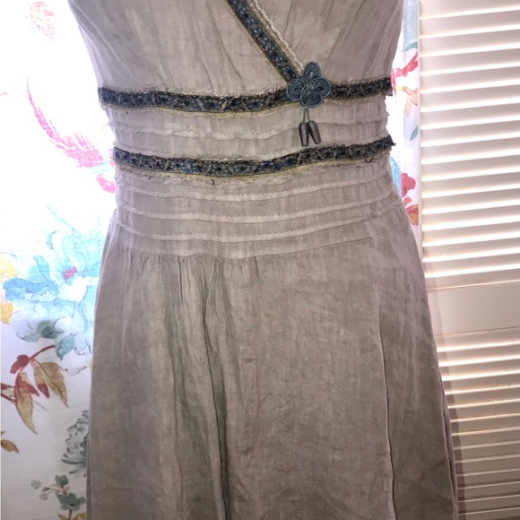 Fabulous embellished linen dress/antique Chinese embroidery trim, One of a kind - Picture 4 of 13